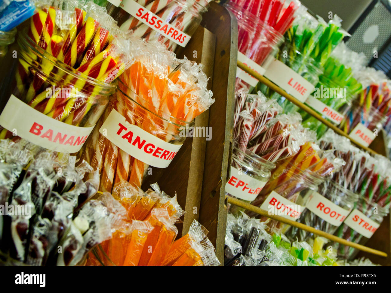 Turnage Drug Store in Water Valley, Mississippi sells a variety of hard-to-find items, including old-fashioned candy sticks. Stock Photo