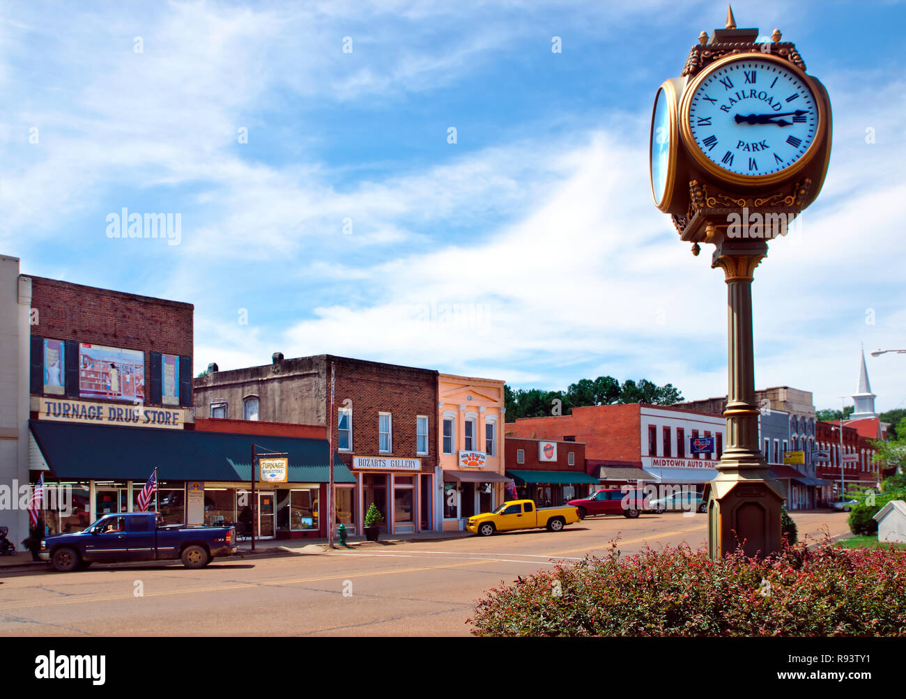 A four-sided street clock stands in the center of downtown, June 13, 2012, in Water Valley, Mississippi. Stock Photo