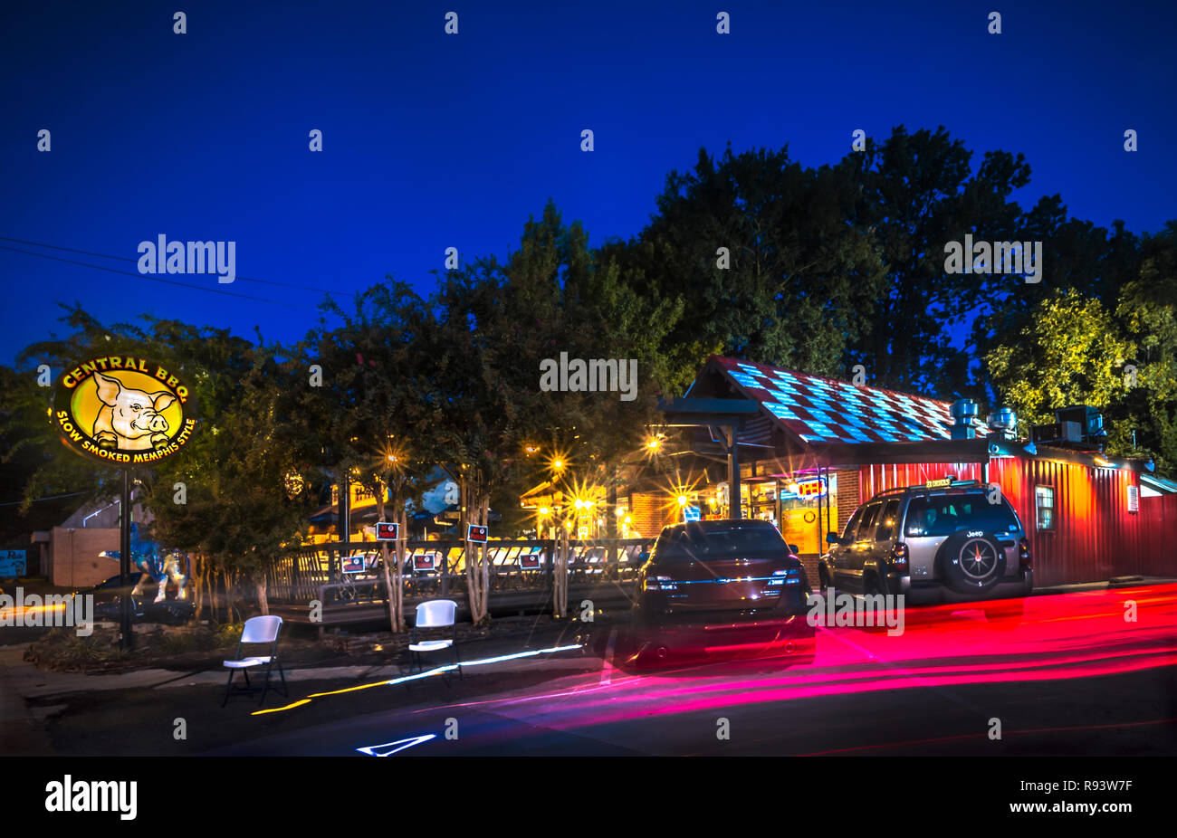 Central BBQ is illuminated at night, Sept. 14, 2015, on Central Avenue in Memphis, Tennessee. The restaurant was founded in 2002. Stock Photo