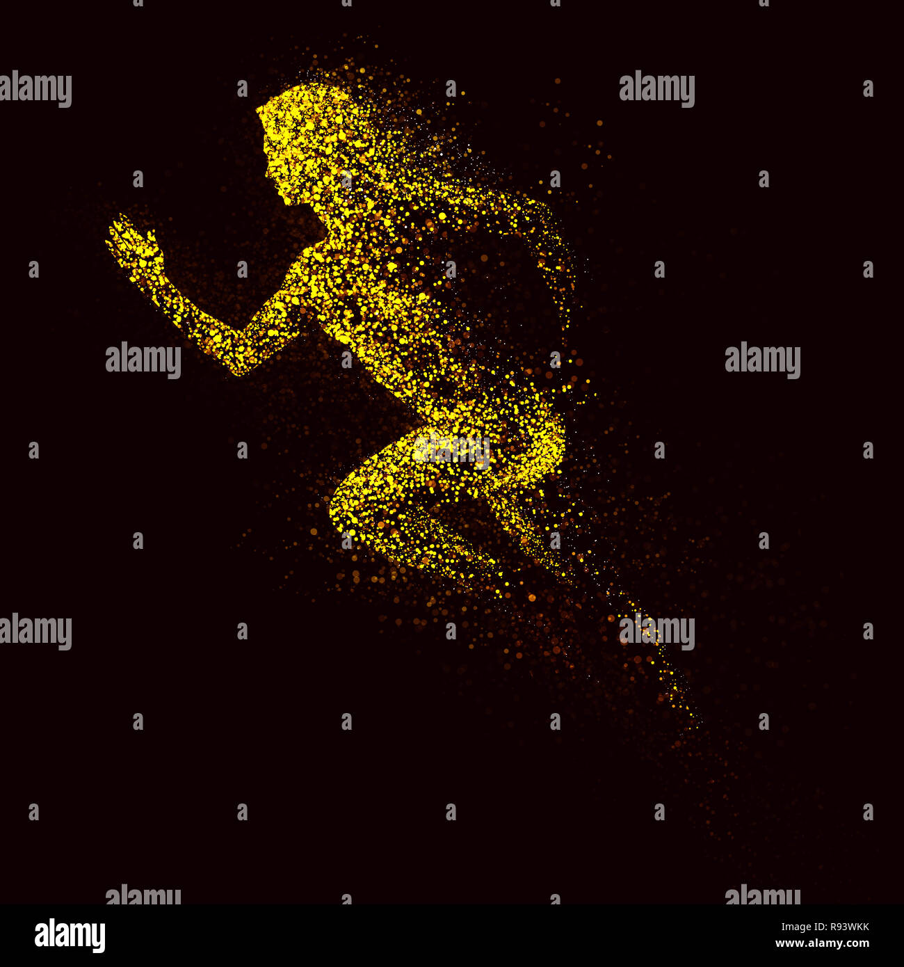 Yellow silhouette of running woman from particle divergent. Stock Photo
