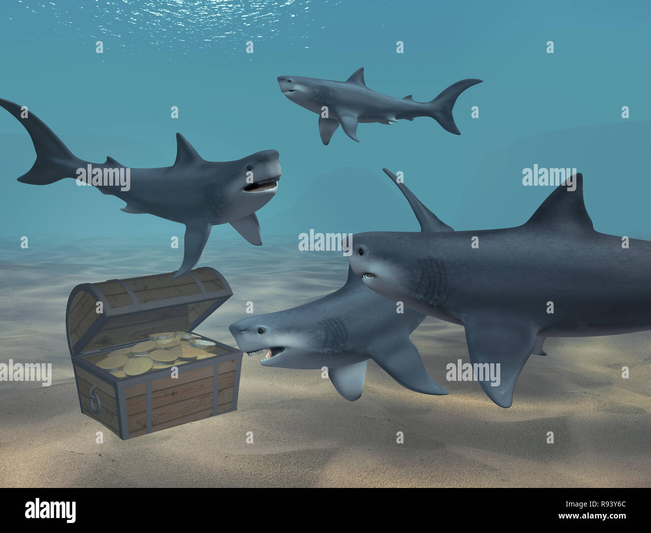 Sharks floating above a box with treasures Stock Photo Alamy