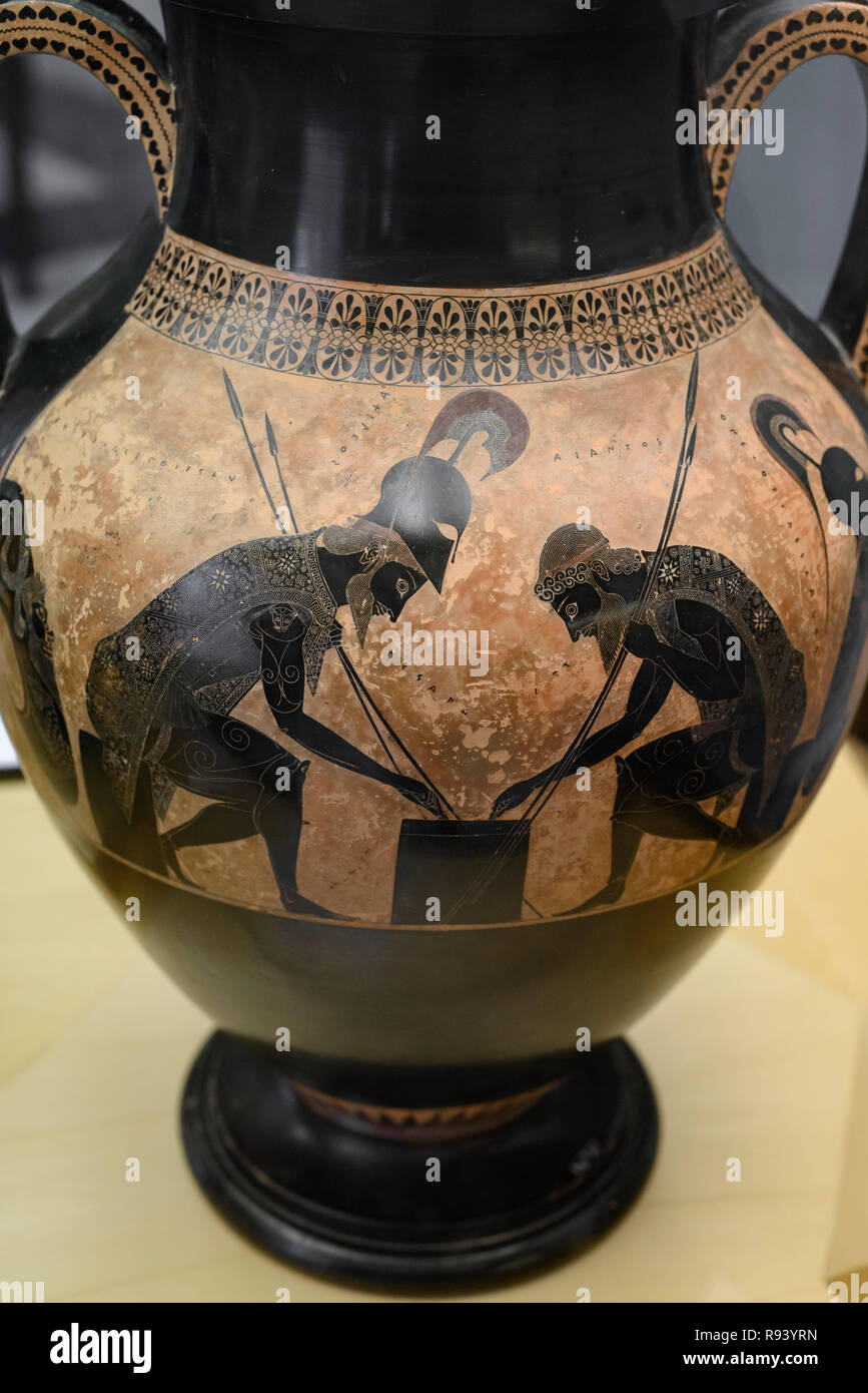 Rome. Italy. Achilles (left) and Ajax playing dice. Attic black-figure amphora signed by Exekias, 540-530 BC. Vatican Museums (Musei Vaticani) Stock Photo