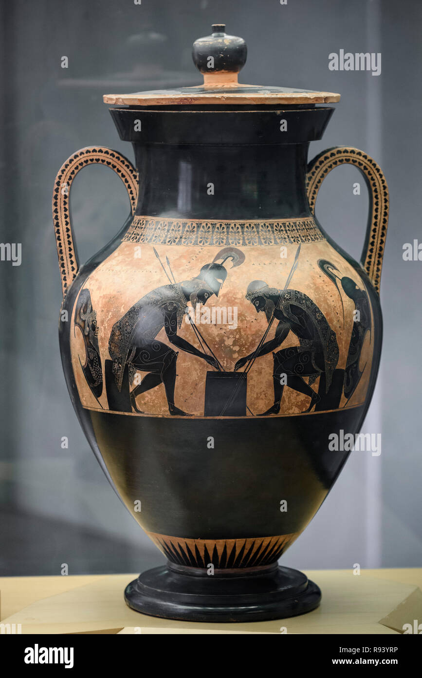Rome. Italy. Achilles (left) and Ajax playing dice. Attic black-figure amphora signed by Exekias, 540-530 BC. Vatican Museums (Musei Vaticani) Stock Photo