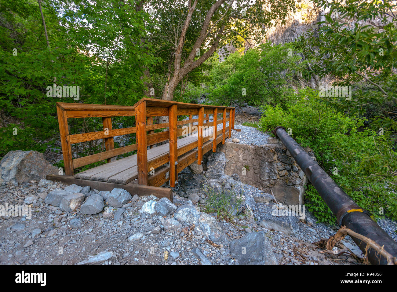 Wooden bridge over rocky stream in the wilderness Stock Photo - Alamy
