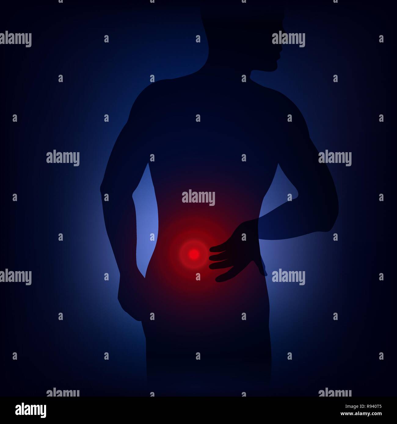 Human having backache, symptom of lower back pain, lumbago, pressing