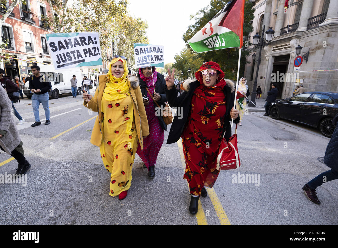 Thousands demonstrate in Madrid, Spain, for freedom of Sahara and human  rights respect for the population of Western Sahara; the demonstration was  organised by 'CEAS Sahara'. Featuring: atmosphere Where: Madrid, Community  of