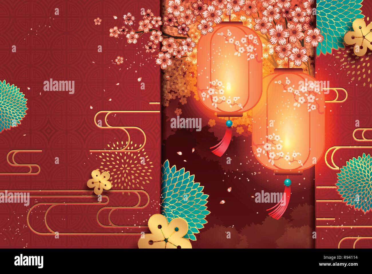 Hanging lanterns and cherry blossoms decorations background Stock ...