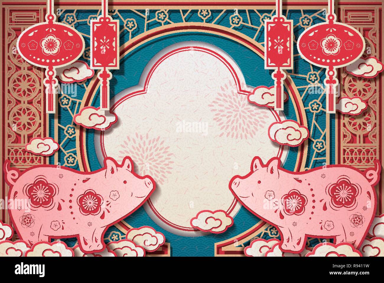 Year of the pig greeting card template design in exquisite paper art ...