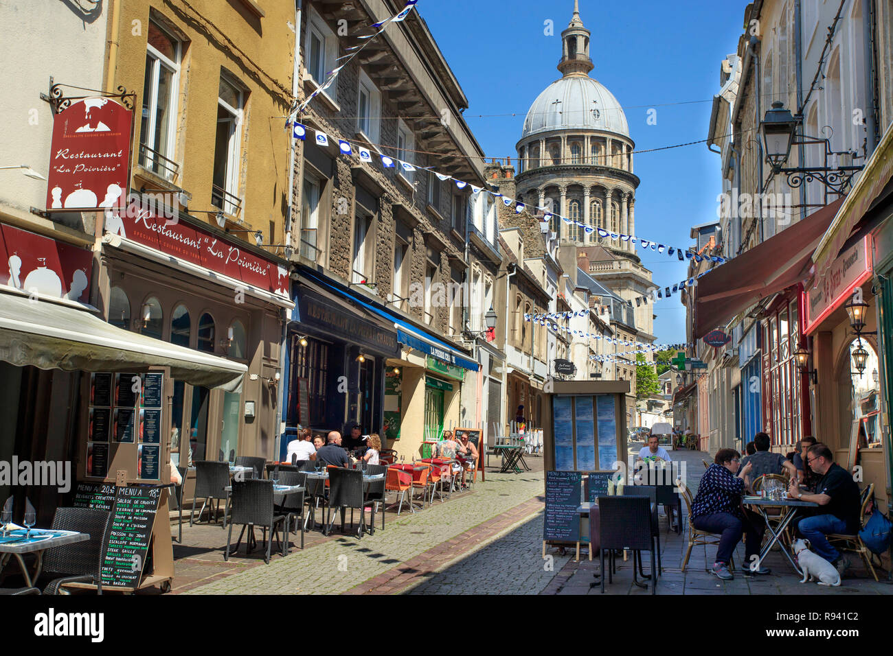 Boulogne-sur-Mer (northern France): “rue de Lille” street in the town centre. In the background, the Basilica of Notre-Dame (“Our Lady”) Stock Photo