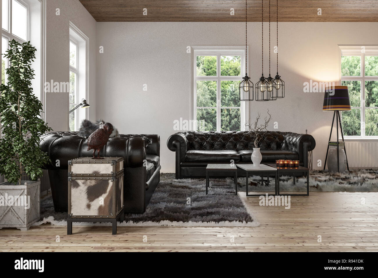 Spacious Living Room With Two Black Leather Couches On Fur Carpets