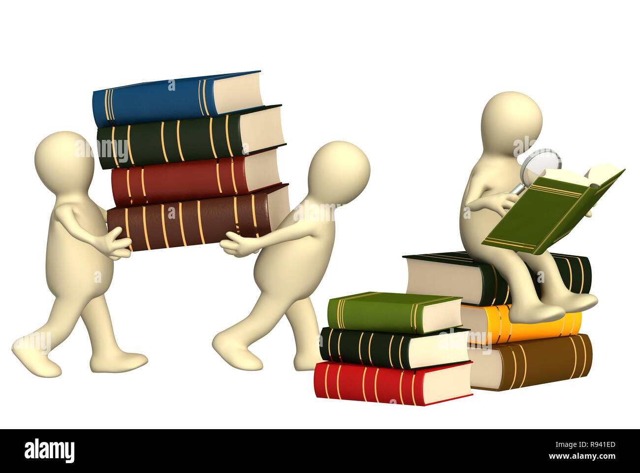 Two 3d puppets with books and loupe Stock Photo Alamy