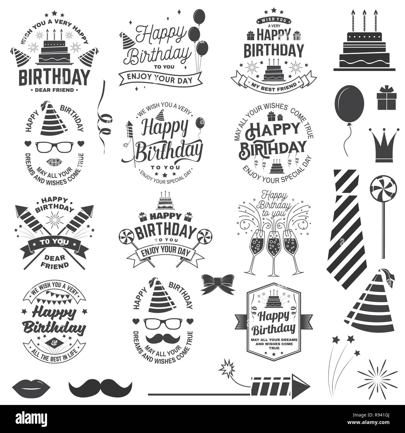 Set of Happy Birthday templates for overlay, badge, sticker, card with bunch of balloons, gifts, firework rockets and birthday cake with candles. Vector. Vintage design for birthday celebration Stock Vector