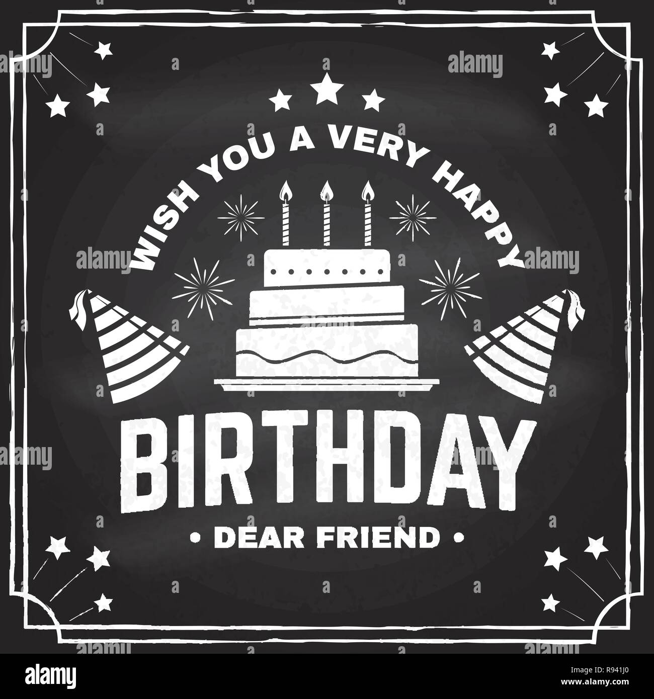 Wish You A Very Happy Birthday Dear Friend Badge Sticker Card With Birthday Hat Firework And Wish You A Very Happy Birthday Dear Friend Badge Sticker Card With Birthday Hat Firework And