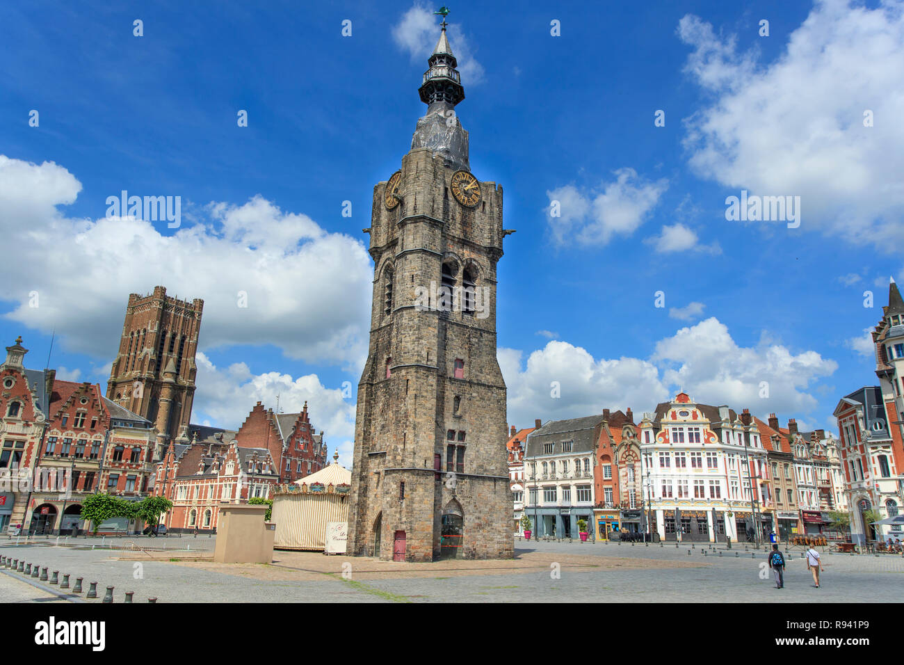 Bethune (northern France): belfry in the Grand'place square and facade of buildings in the town centre. The belfry is registered as a Unesco World Her Stock Photo
