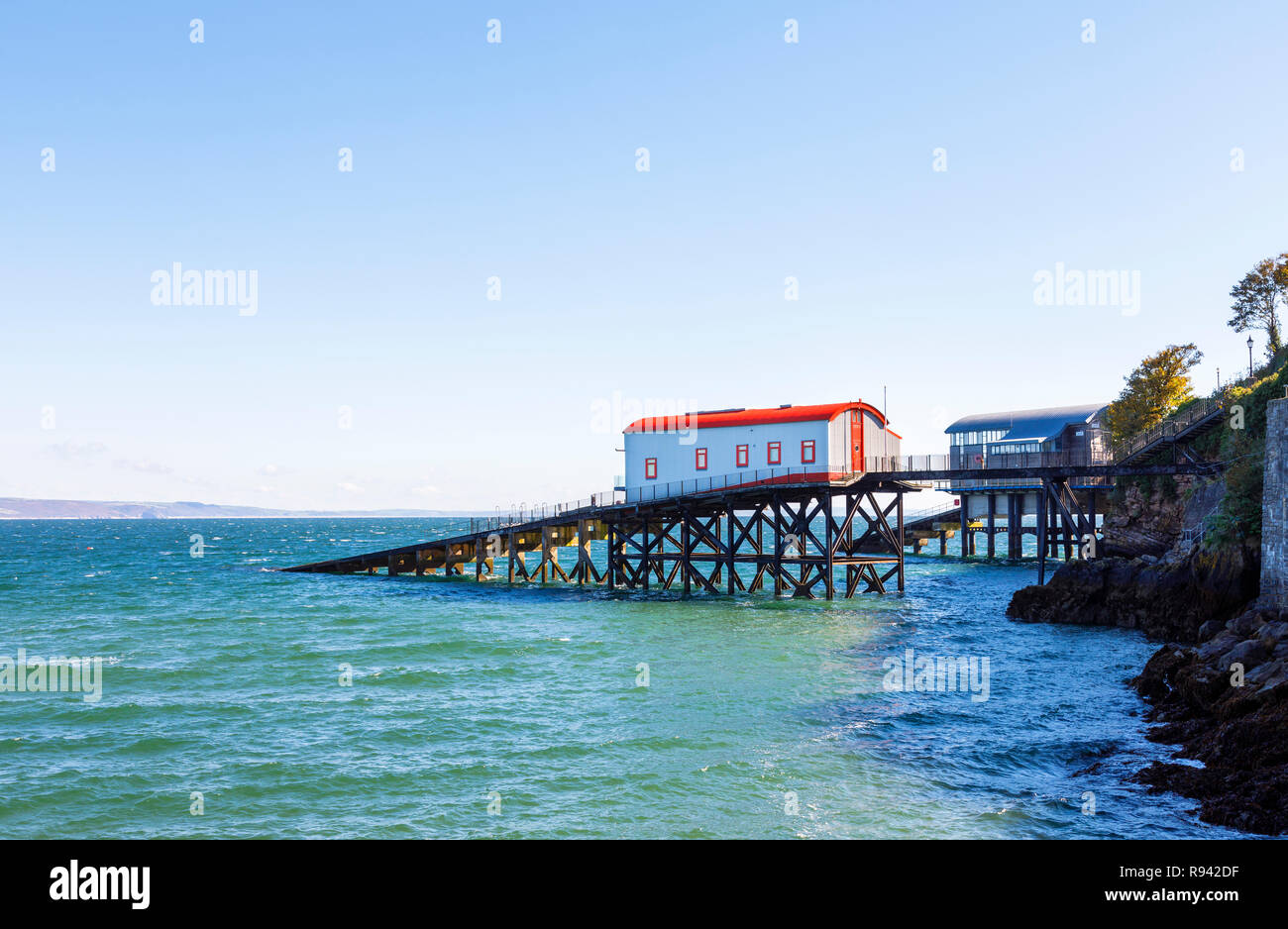 The old lifeboat station at Tenby, a walled seaside town in Pembrokeshire, south Wales coast on the western side of Carmarthen Bay Stock Photo