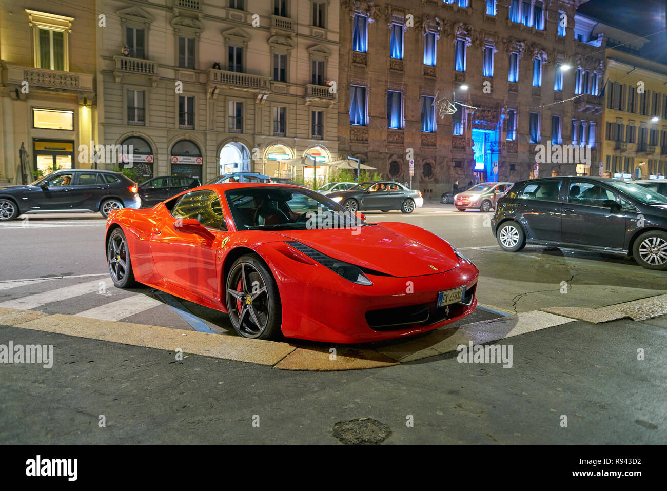 MILAN, ITALY CIRCA NOVEMBER, 2017 red Ferrari parked in Milan