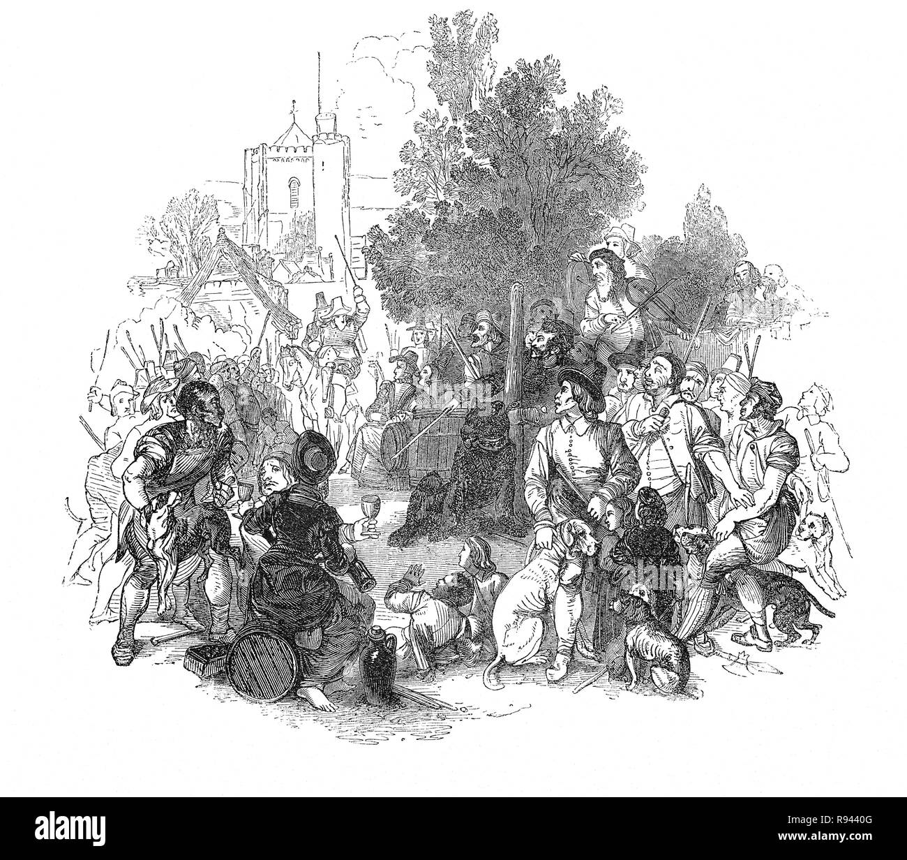 A scene from Hudibras, an English satirical polemic written by Samuel Butler(1613 – 1680), poet and satirist, mostly against Parliamenterians,Roundheads, Puritans, Presbyterians and other factions involved in the English Civil War of 1642-1651. The epic tells the story of Sir Hudibras and his squire, Ralpho who ride forth from the knight’s home to reform what they call sins and what the rest of the world regards as mild amusement. Here Sir Hudibras addresses a mob, who are about to indulge in bear baiting with dogs. Stock Photo