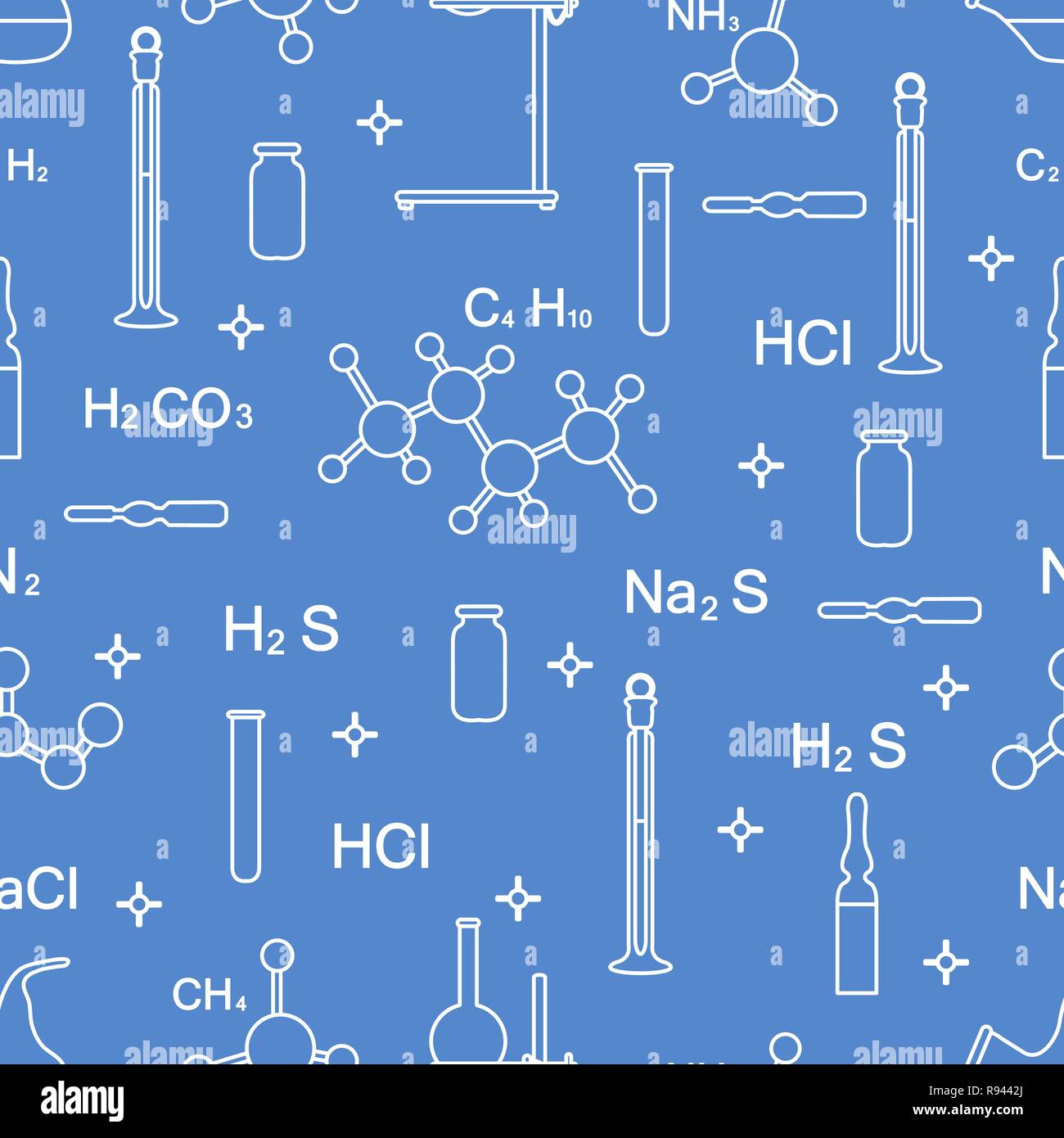 Scientific vector seamless pattern with flasks, test tubes, beakers ...