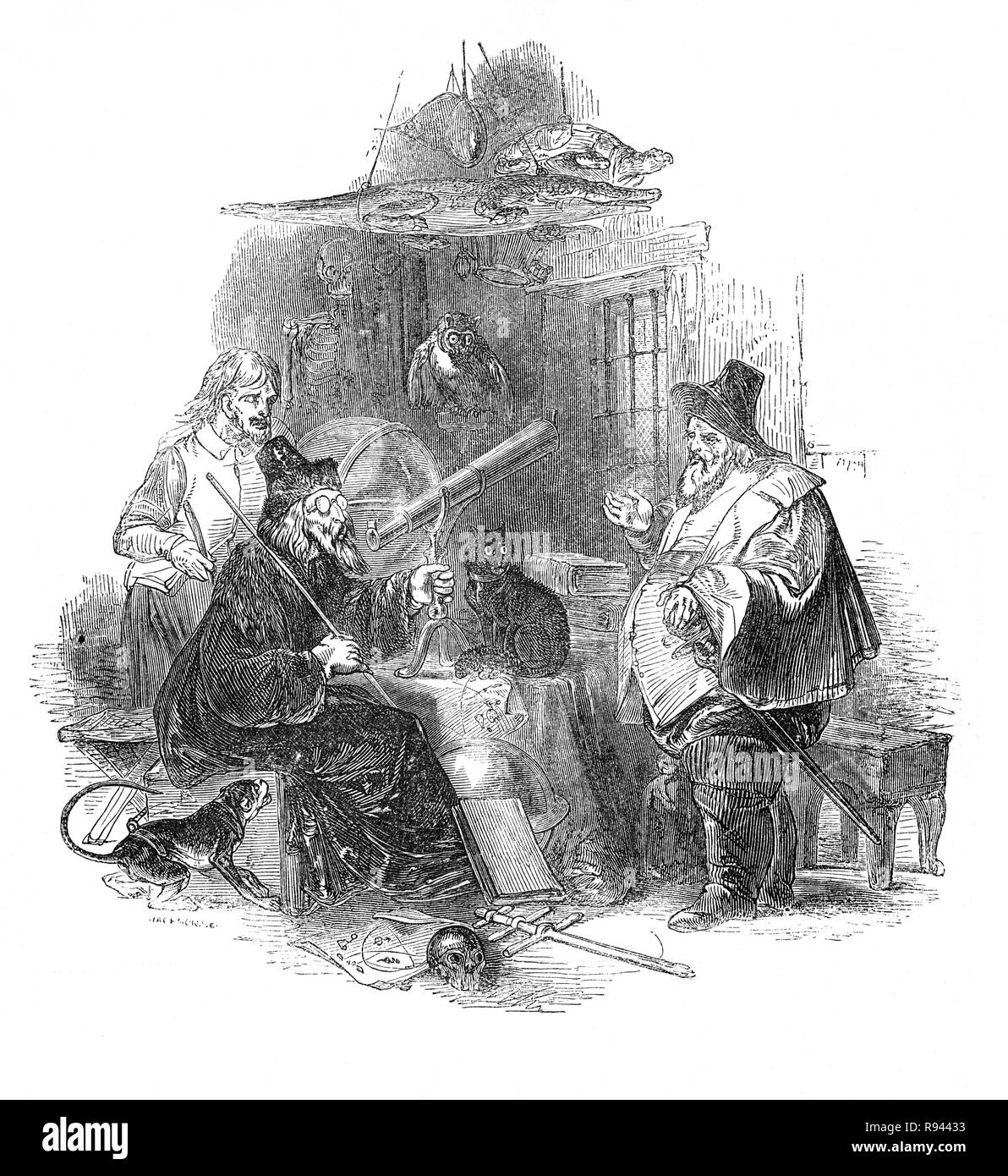 A scene from Hudibras, an English satirical polemic written by Samuel Butler(1613 – 1680), poet and satirist, mostly against Parliamenterians,Roundheads, Puritans, Presbyterians and other factions involved in the English Civil War of 1642-1651. The epic tells the story of Sir Hudibras and his squire, Ralpho who ride forth from the knight’s home to reform what they call sins and what the rest of the world regards as mild amusement.  Sir Hudibras visiting the astrologer, Sidrophel, to ask him how he should woo the widow. Stock Photo
