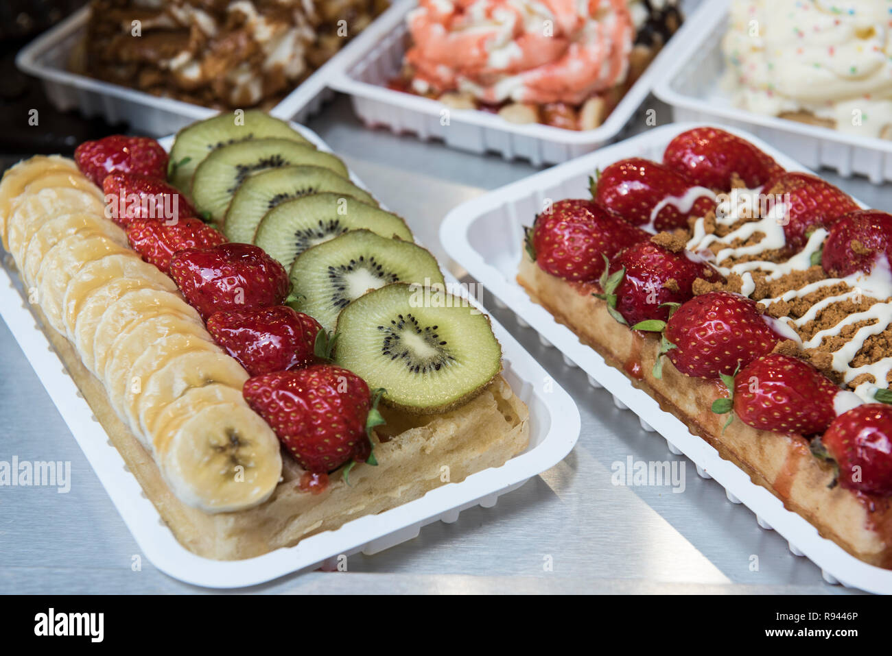 Leige Waffles With Fruit Toppings Stock Photo