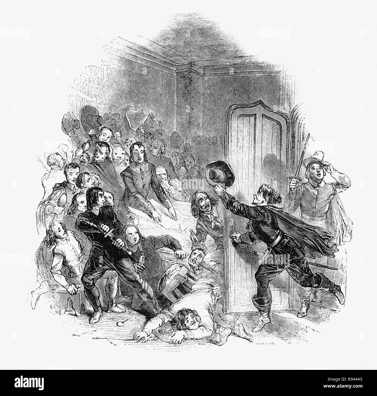 A scene from Hudibras, an English satirical polemic written by Samuel Butler(1613 – 1680), poet and satirist, mostly against Parliamenterians,Roundheads, Puritans, Presbyterians and other factions involved in the English Civil War of 1642-1651. Here a body of Independents in council interupted by a messenger with intelligence about the state of public opinion for the restoration (of King Charles II) Stock Photo