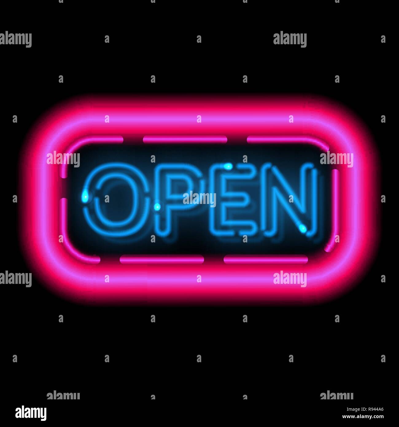 Neon sign Openly. The shining frame in a retro style with illumination lamps. Information billboard. Vector illustration. Stock Vector