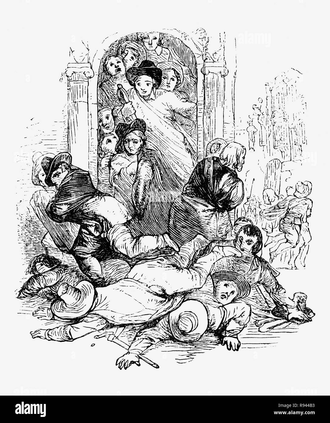 A scene from Hudibras, an English satirical polemic written by Samuel Butler(1613 – 1680), poet and satirist, mostly against Parliamenterians,Roundheads, Puritans, Presbyterians and other factions involved in the English Civil War of 1642-1651.  The Independents formed a majority of the Rump Parliament and the news of public opinion for the restoration (of King Charles II). puts them into a frenzy of alarm. Stock Photo