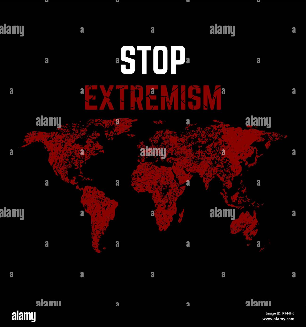 The vector illustration Feet extremism against the background of the world map. Extremism won't pass. The mankind is in danger. A protest against the  Stock Vector