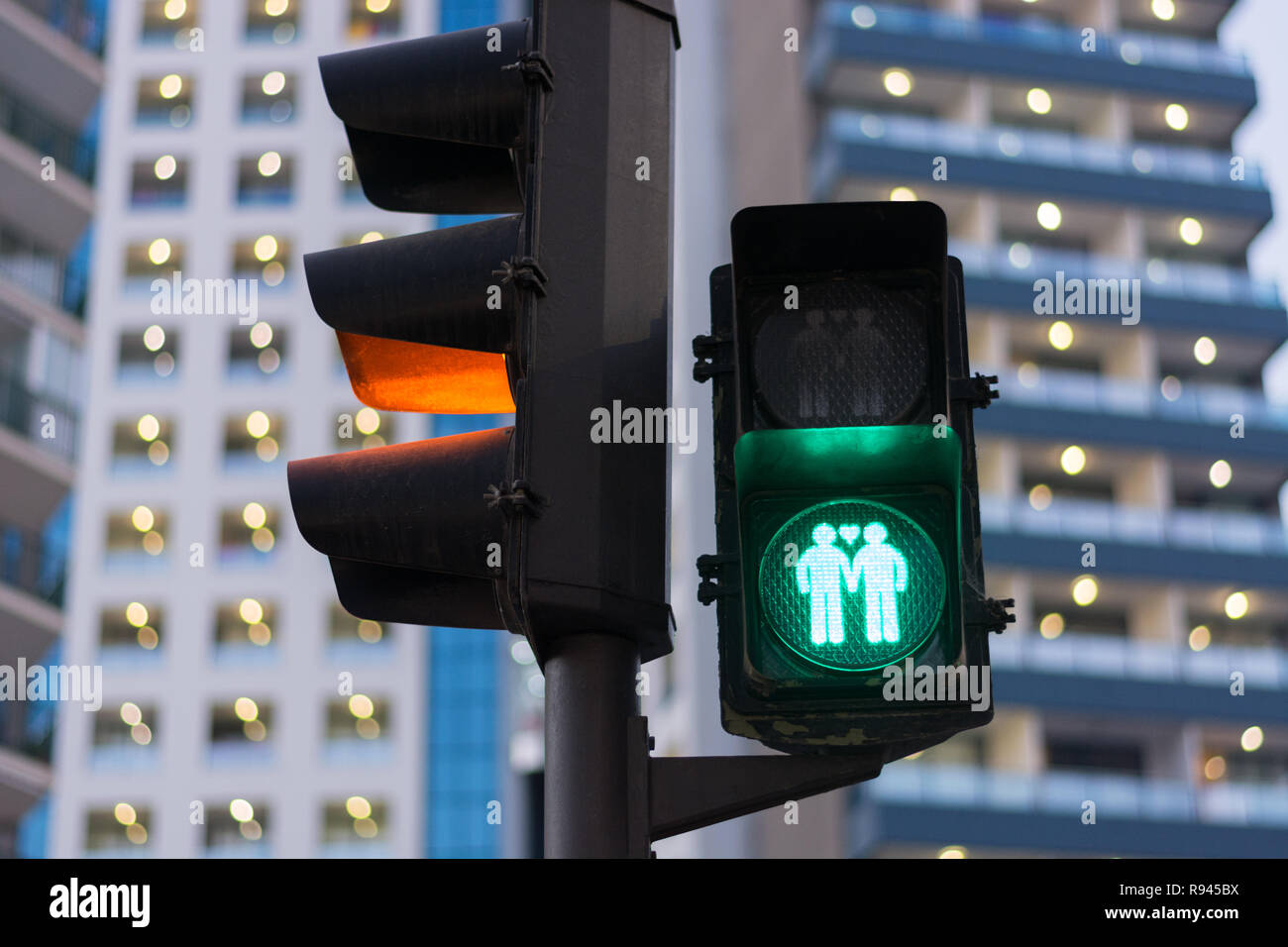Gay themed traffic light in Benidorm, Spain. Stock Photo