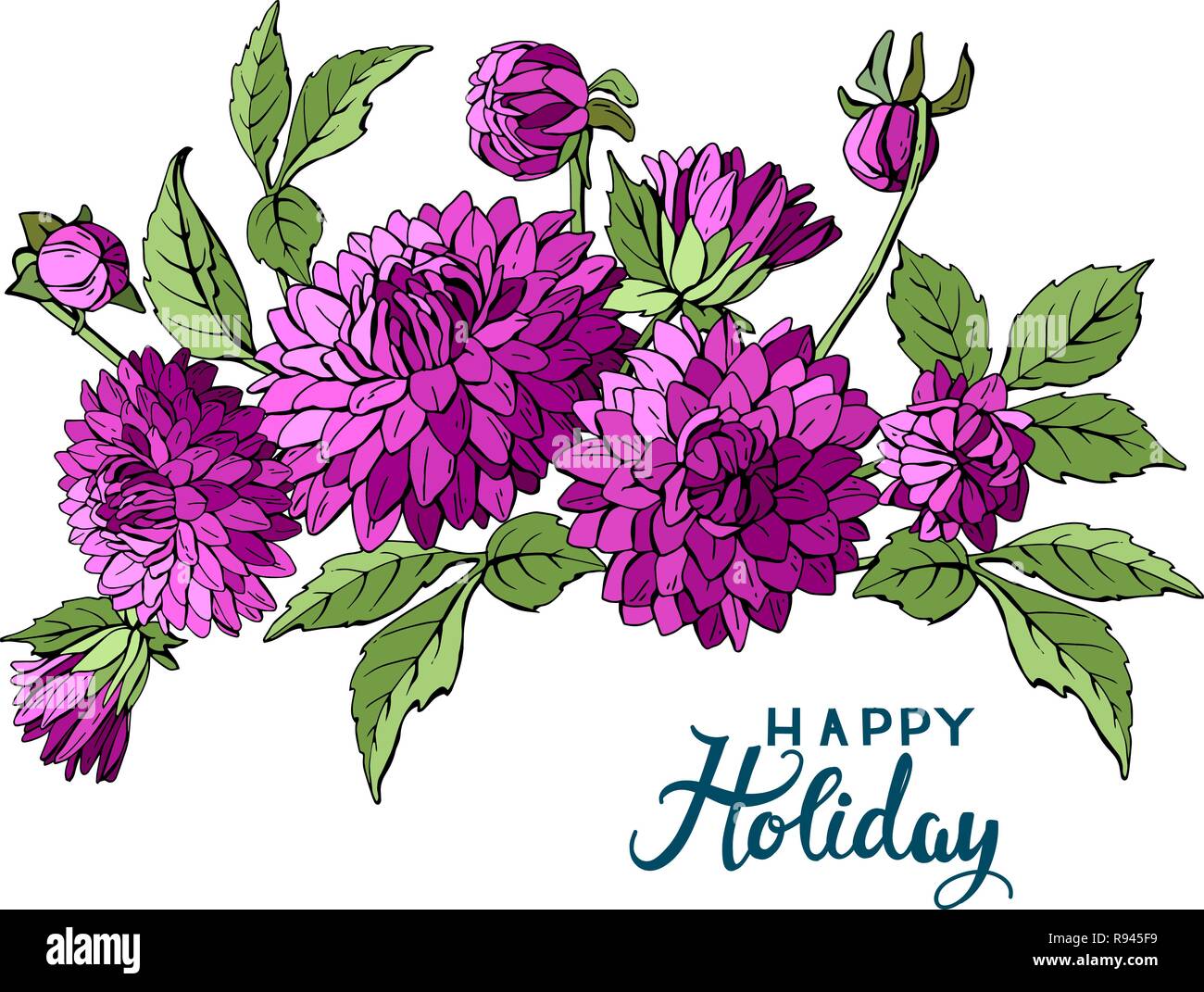 Isolated buquet of purple dahlia flowers and Happy holiday lettering ...