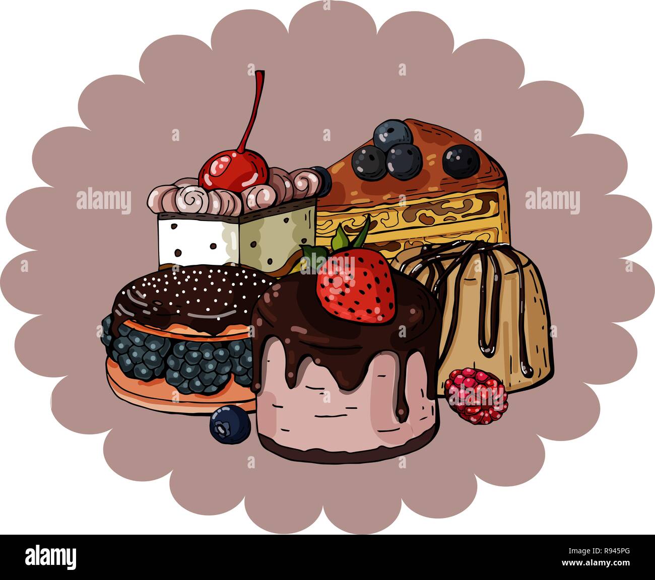 Set of colorful Sweets and Cakes on a circle pink background, vector Stock Vector