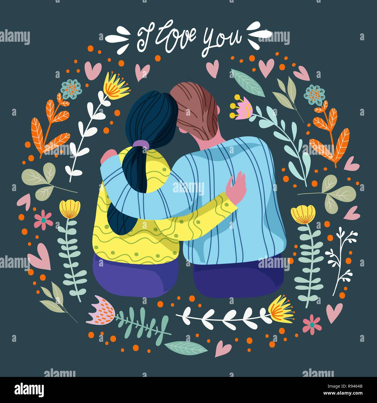 I love you, loving couple and abstract flowers and leaves with hand draw lettering, flat vector illustration Stock Vector