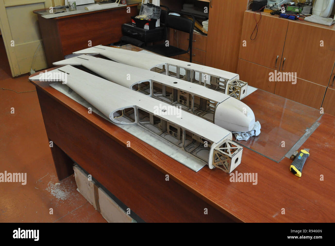 Kovrov, Russia. 5 February 2012. Aircraft models parts created in the children's club 'Atlas' Stock Photo