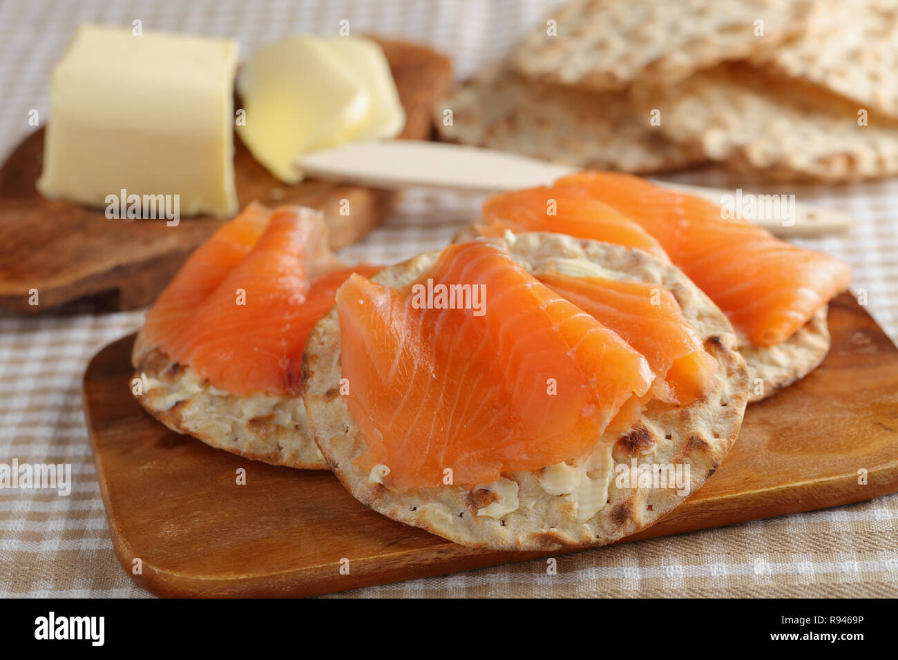 Sandwiches with salt salmon and knackebrod, Swedish crispbread Stock Photo