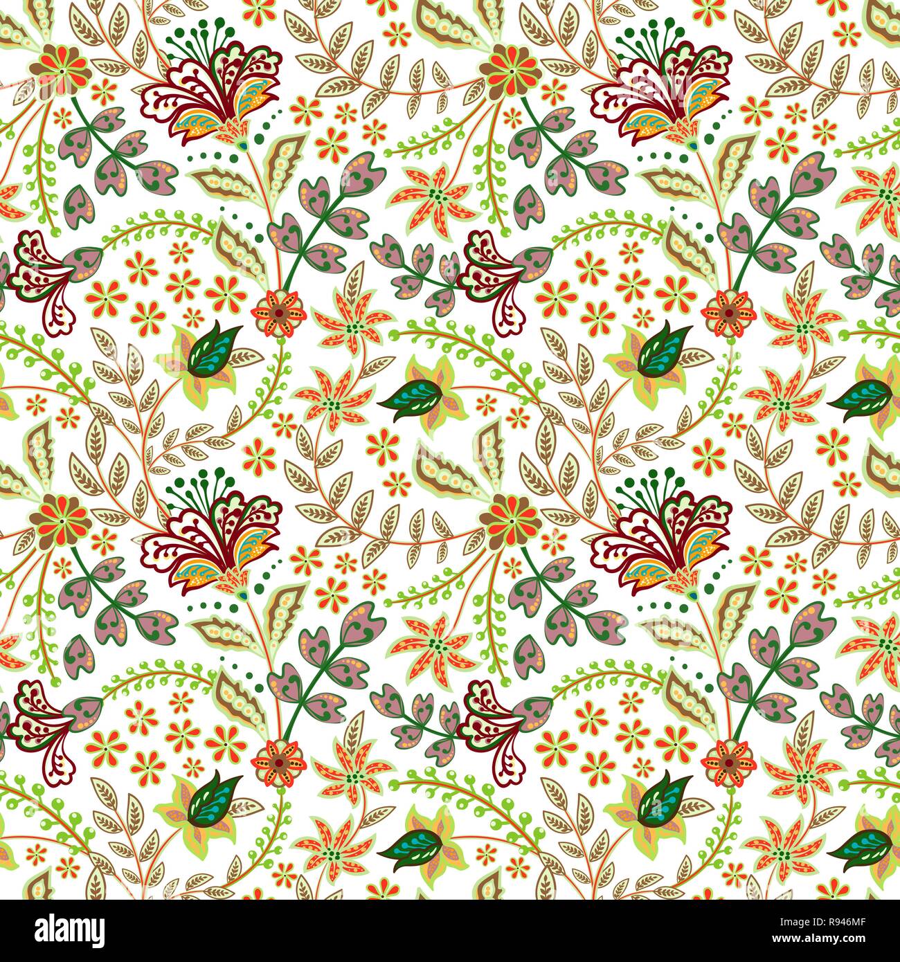 Retro wild flower pattern in the many kind of florals. Botanical Motifs scattered random. Seamless vector texture. For fashion prints. Printing with in hand drawn style on white background. Stock Vector