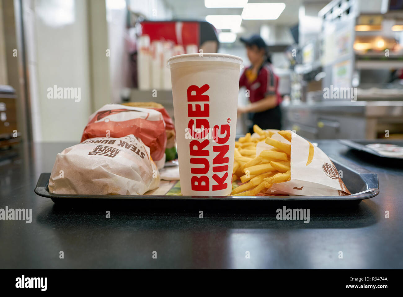 INCHEON, SOUTH KOREA - CIRCA JUNE, 2017: food served on a tray at Burger King. Burger King is an American global chain of hamburger fast food restaura Stock Photo