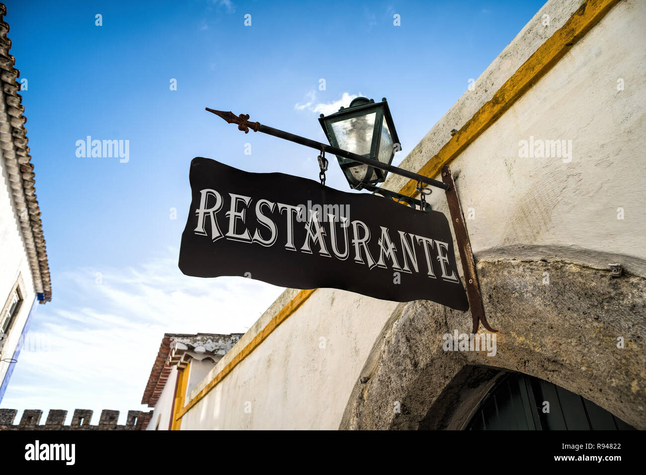 Sign reading 'Restaurant' in Obidos, Portugal Stock Photo