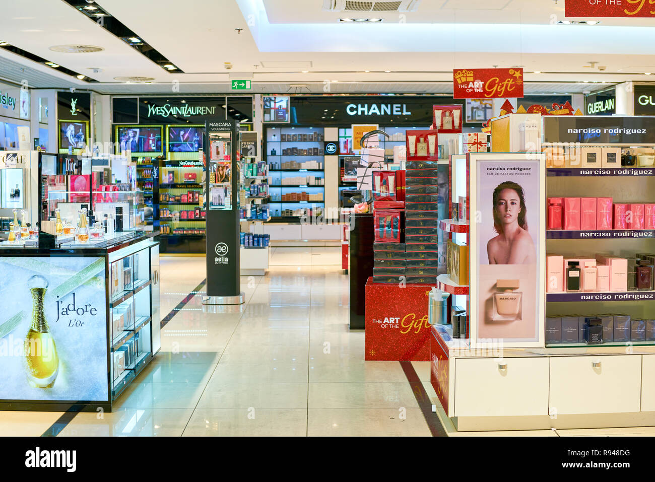 WARSAW, POLAND CIRCA NOVEMBER, 2017 perfumes on display in Duty Free store at Warsaw Chopin