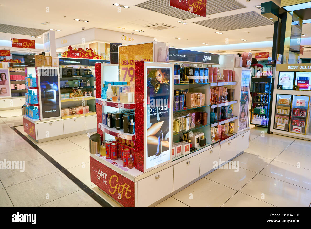 WARSAW, POLAND CIRCA NOVEMBER, 2017 perfumes on display in Duty Free store at Warsaw Chopin