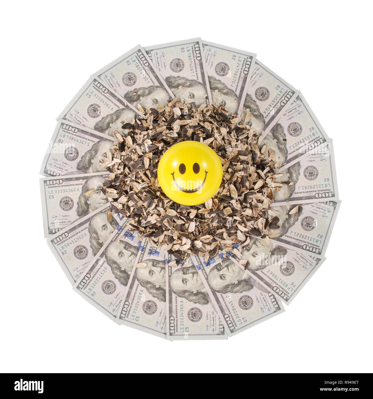 Smile faces and sunflower husk on mandala kaleidoscope from money. Abstract money background raster pattern repeat mandala circle. Stock Photo