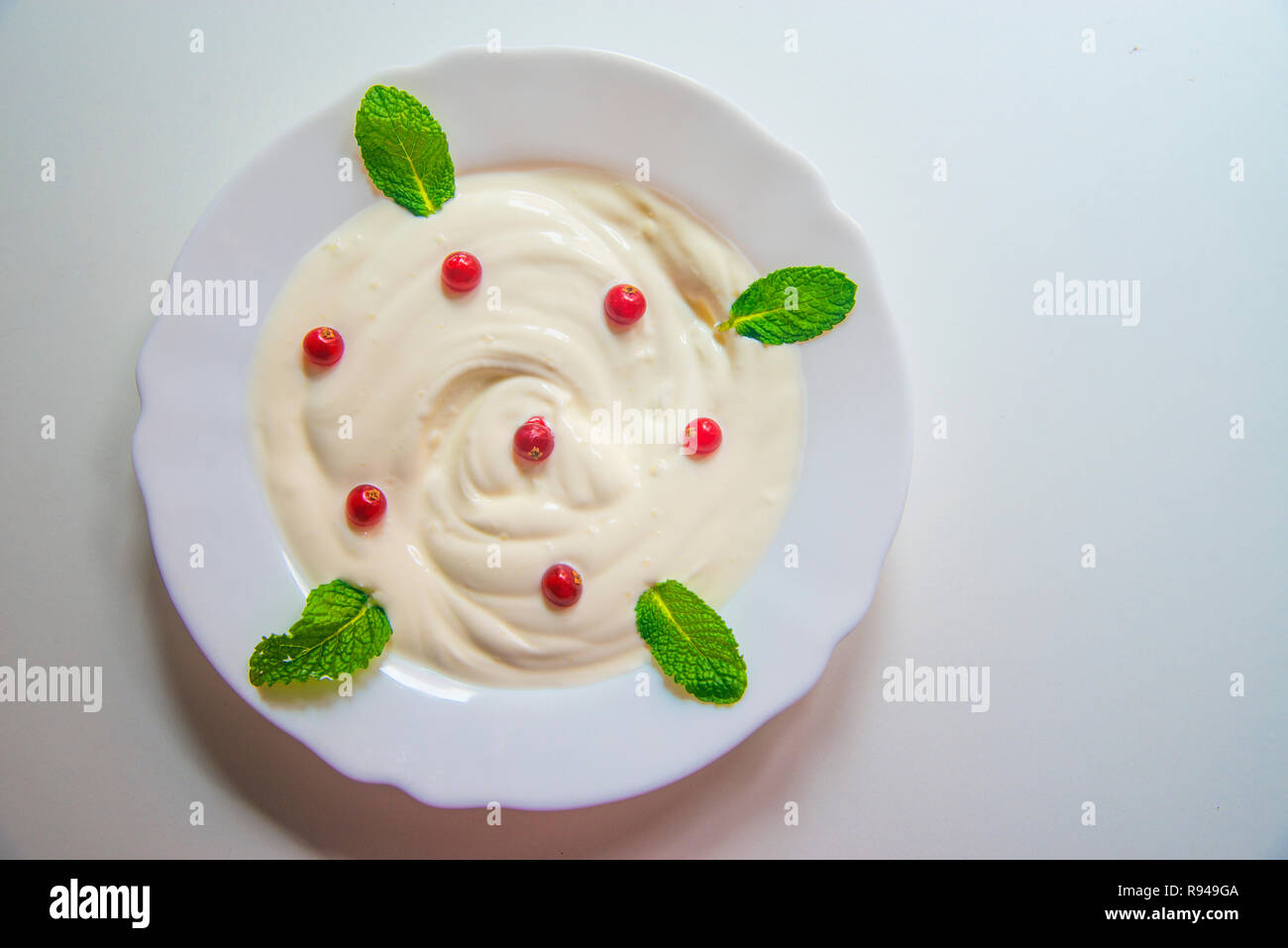 Yoghurt cream with redcurrants and mint leaves. View from above. Stock Photo