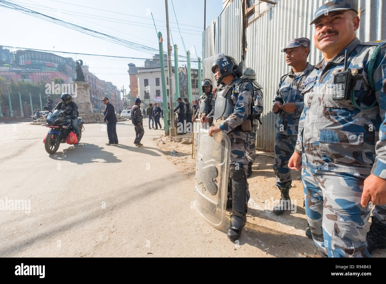 Police in riot gear on the streets of the Nepal capital city Kathmandu Stock Photo