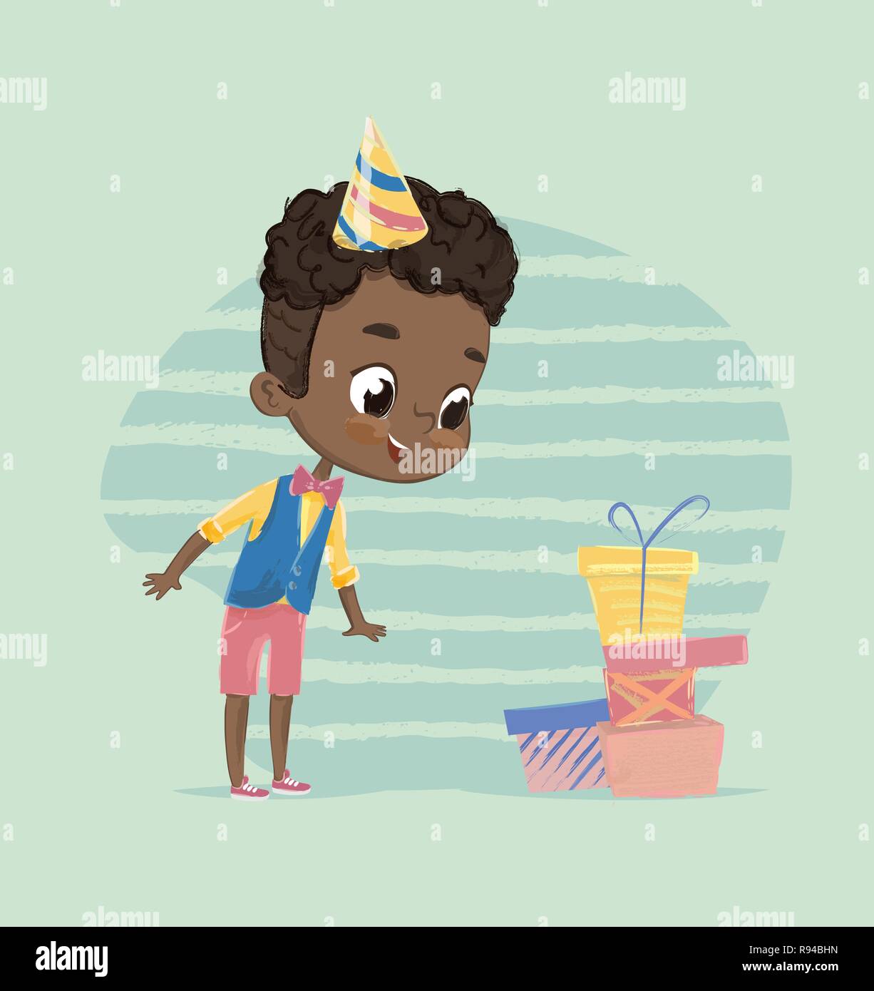 Happy African American Child Boy Excited to Birthday Gift Box. Cute Kid Character Unwrap Christmas Surprise Present. Childhood Holiday Celebration Greeting Card Design. Flat Cartoon Vector Stock Vector