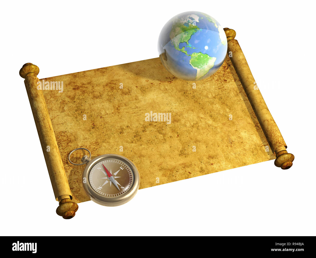 Compass and antique scroll - isolated over white Stock Photo - Alamy