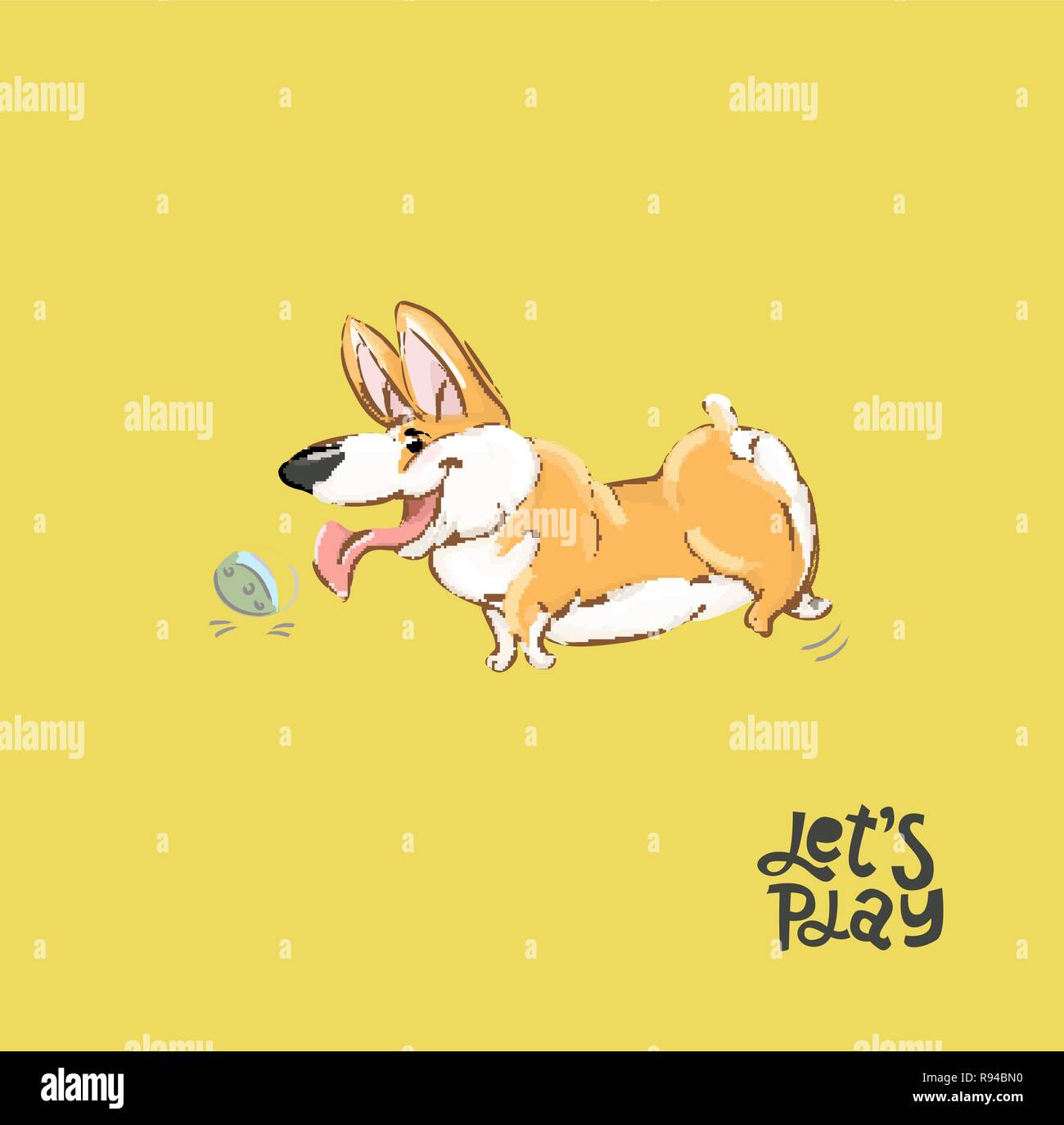 Happy Corgi Dog Play Ball Vector Illustration. Silly Puppy Character Animal Run Typography Print Poster. Fluffy Orange Pet. Can be used for t-shirt print, kids wear fashion, baby shower invitation Stock Vector