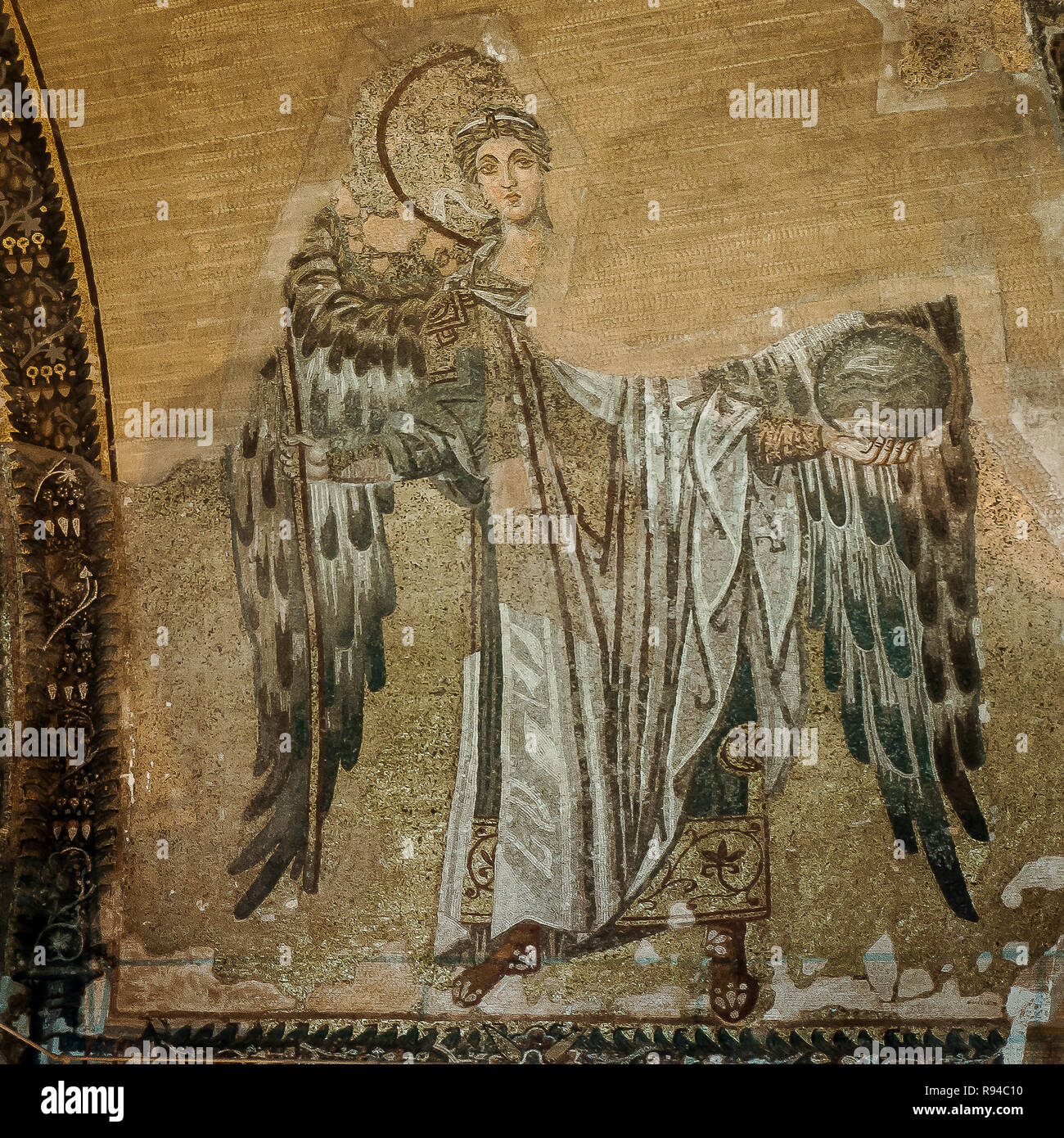 Archangel Gabriel in the apse of Hagia Sofia dressed in feathers, holding an orb, Istanbul, Turkey, October 8, 2013 Stock Photo
