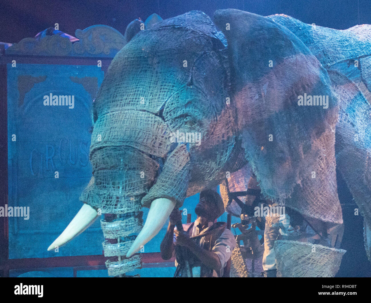 Which features life sized elephants created by puppeteers from war