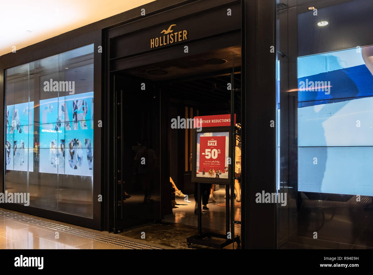 Hong Kong, February 15, 2018: Hollister store in Hong Kong. Hollister Co. is an American lifestyle brand by Abercrombie & Fitch Company. Stock Photo