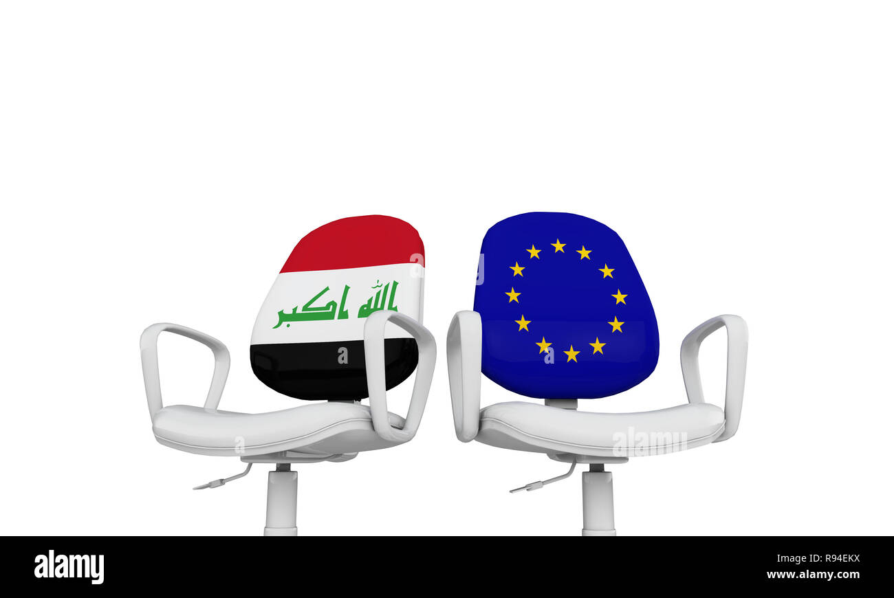 Iraq and Europe business chairs. Internationl relationship concept. 3D Rendering Stock Photo
