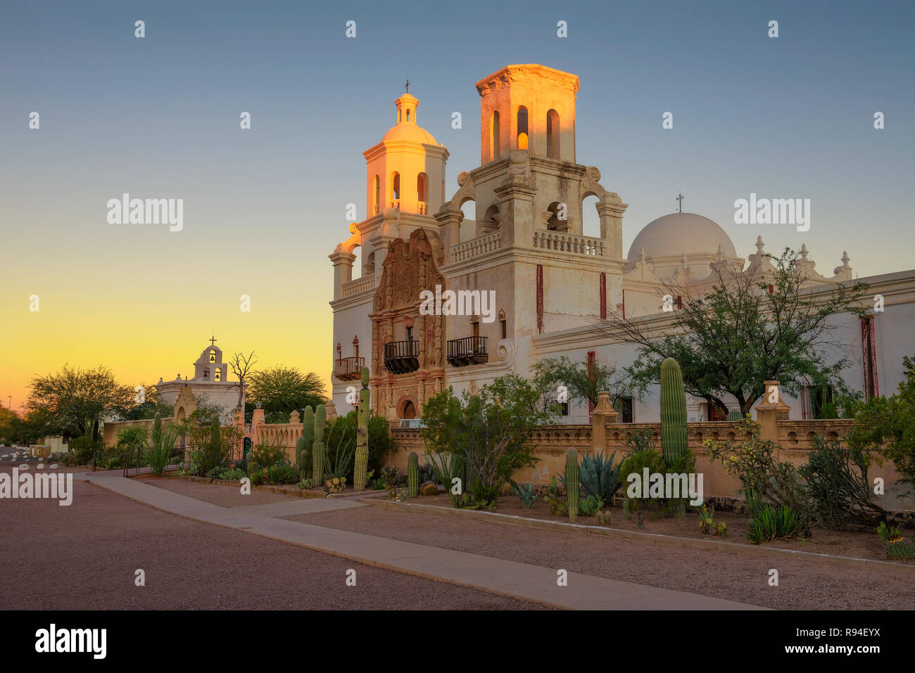 Sunrise at the San Xavier Mission Church in Tucson Stock Photo